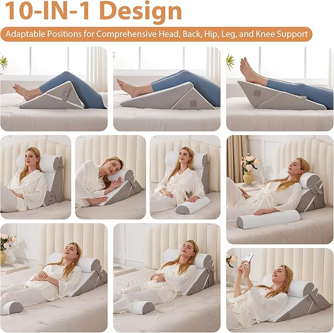 BIEEZZK 4PCS Wedge Pillow Set for After Surgery, Back Pillow for Bed Sitting up, 9&12inch Adjustable Memory Foam Bed Wedges, Pillow Wedge for Acid Reflux, Back Pain Relief, Snoring, White/Grey