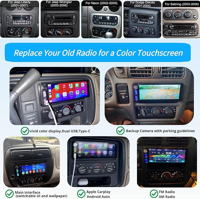 Single Din Car Stereo with Apple Carplay Android Auto,6.9 Inch IPS Touchscreen, 1 Din Car Audio Receivers wtih Bluetooth Handsfree/FM/AM/Dual USB/Type-C/EQ/SWC/GPS Navigation/Backup Camera/Microphone