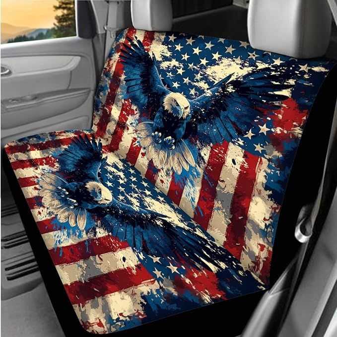 8 Pcs American Flag with Eagle Theme Car Accessories Set, Car Seat Covers Full Set with Auto Steering Wheel Cover Center Console Pad Seat Belt Covers, Patriotic Decorations