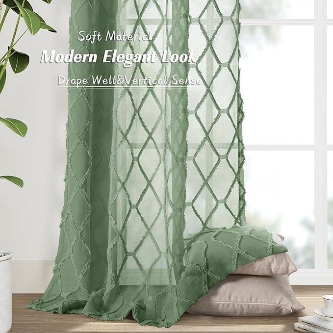 Hokibero Olive Green Sheer Curtains 90 Inch Length for Living Room with Geometric Tufted for Bedroom Nursery Windows Country Rustic Farmhouse Semi Sheer Curtain Light Green Back Tab 2 Panels 52x90