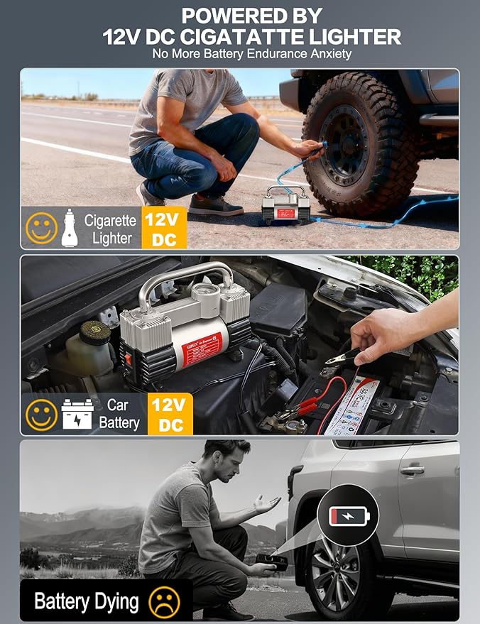 GSPSCN 6X Faster Inflation Tire Inflator Heavy Duty Double Cylinders with Portable Bag- Car Accessories，Metal 12V Air Compressor Pump 150PSI with Adapter for Car, Truck, SUV Tires, Dinghy, Air Bed