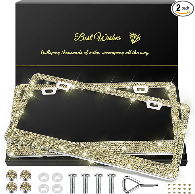 QUANQIUFEI 2 Pack Bling License Plate Frames for Women, Sparkly Rhinestone Diamond Car Accessories with Glitter Crystal Caps (Gold)
