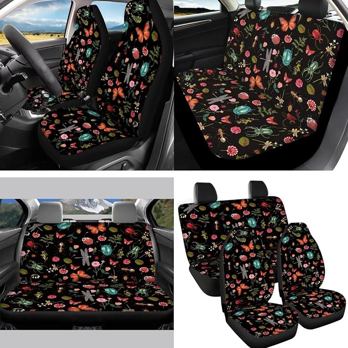 Cottagecore Car Interior Set Forest Butterfly Insect Car Seat Covers Elastic Auto Steering Wheel Cover+Non Slip Coaster+Gear Shift Knob & Handbreak Cushion for Most Vehicle Truck