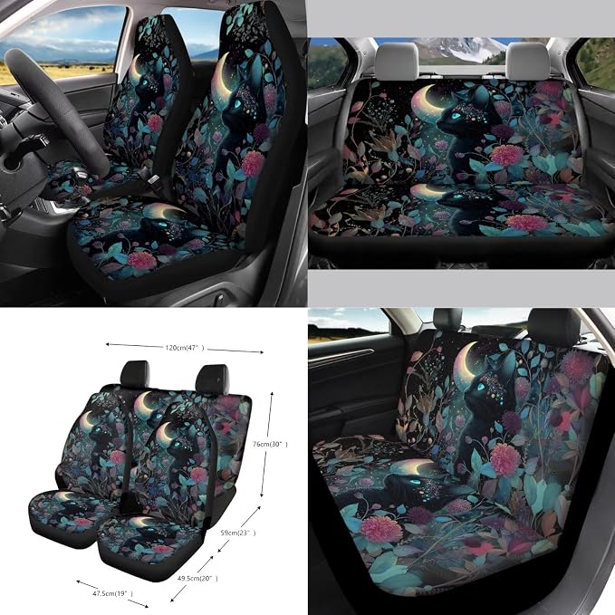 Black Cat Print Car Seat Covers Full Set with Accessories Moon Flower Print Car Front and Rear Seat Covers Steering Wheel Cover Safety Belt Pads Inside Rearview Mirror Cover