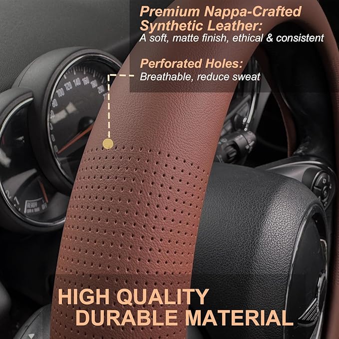PINCTROT Large Size Nappa Leather Steering Wheel Cover, Slim Fit No Bulk Design, One Piece Leather with Breathable Perforation, Fit Like Gloves, 15.5-15.75 Inch(Nappa Brown)