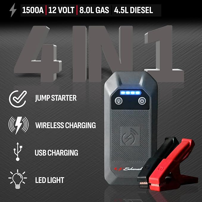 Schumacher Electric 12V Lithium Jump Starter & Power Pack - Portable 1500A Battery Jumper with 10W Wireless Charging, USBA/USBC Fast Charging & Multi-Mode LED Flashlight - 4-in-1 SL1674
