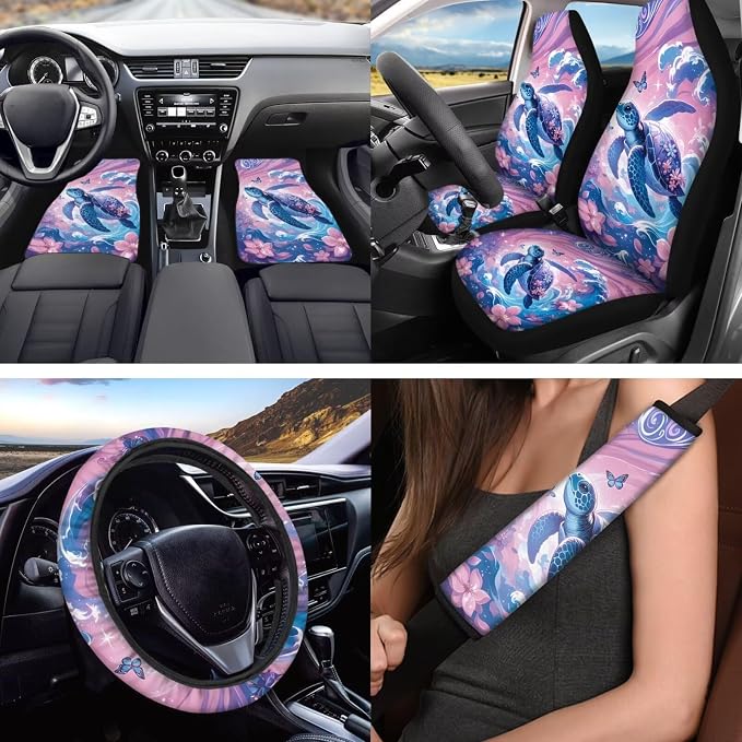 18 Pcs Pink Turtle Car Seat Covers Full Set for Women, Auto Interior Accessories with Steering Wheel Cover Floor Mats Armrest Cover Seat Belt Pads Roof Handle Wraps Cup Coaster Keychain