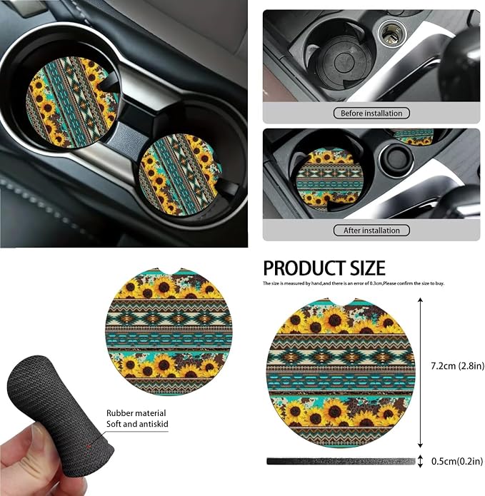 Wanyint Aztec Sunflower Blue Car Seat Cover Set 15 PCS, with Steering Wheel Cover Seat Belt Cushion Pad Garbage Bag Air Vent Pocket Rearview Mirror Cover Coasters Keychain for SUV Trucks Vans Sedans