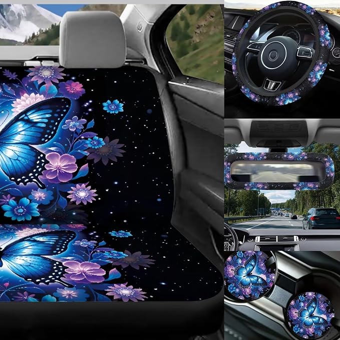 17 Pieces Blue Butterfly Car Seat Covers Sets Full Set with Front and Split Rear Bench Steering Wheel Cover,Butterflies Car Accessories for Women,Auto Seat Belt Cover,Car Headrest Cover