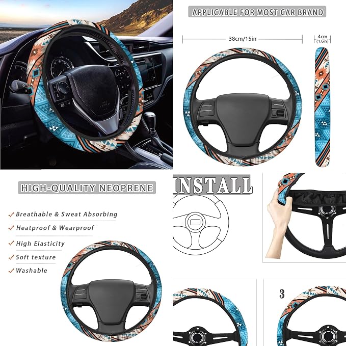 Aztec Seat Covers Full Set with Aztec Steering Wheel Cover, Shoulder Pads, Aztec Auto Seat Protector Car Accessories Universal Fit for Most Cars, Blue