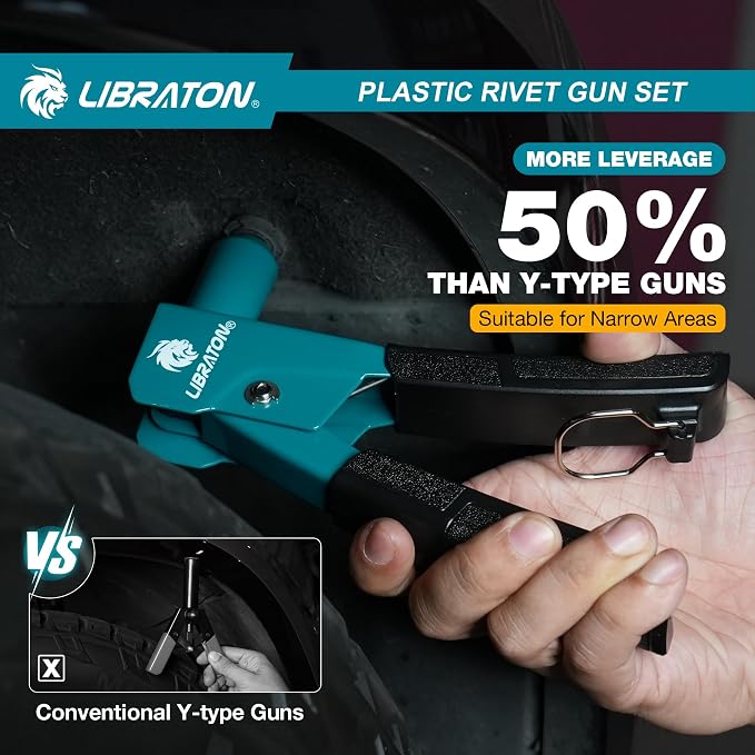 LIBRATON Plastic Rivet Gun Kit with Fastener Remover, 90 Degree Angle Hand Riveter with 40Pcs Nylon Rivets (4 Sizes) & Pry Tool, Universal Nosepiece for Automotive, Ergonomic & 50% Lighter Force