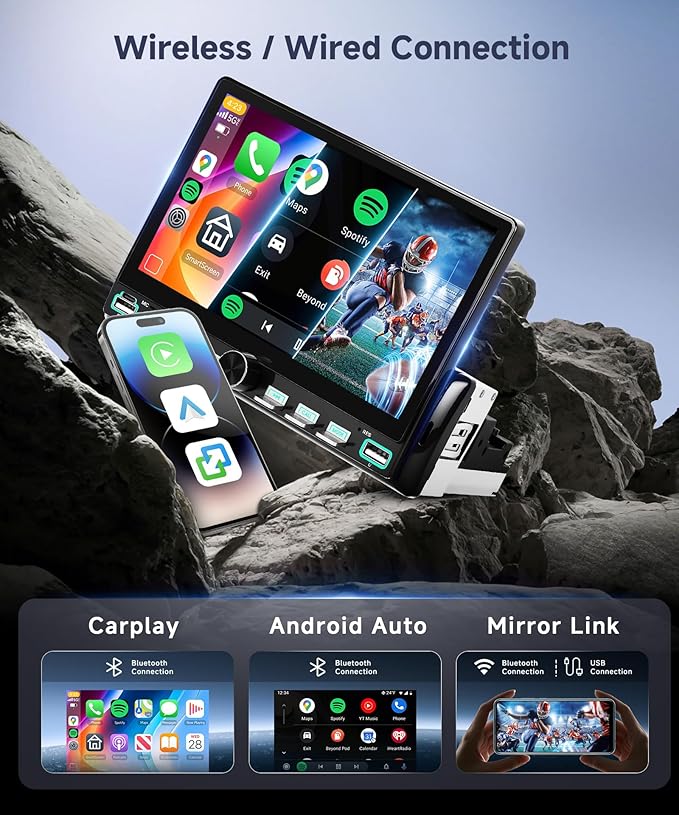 Single Din Android Car Stereo with Wireless Carplay Android Auto, Orderich 4G+64G 7“ Touch Screen Car Radio 1 Din with backup Camera, Support 4G WiFi Mirror Link GPS Navigation Bluetooth FM USB EQ SWC