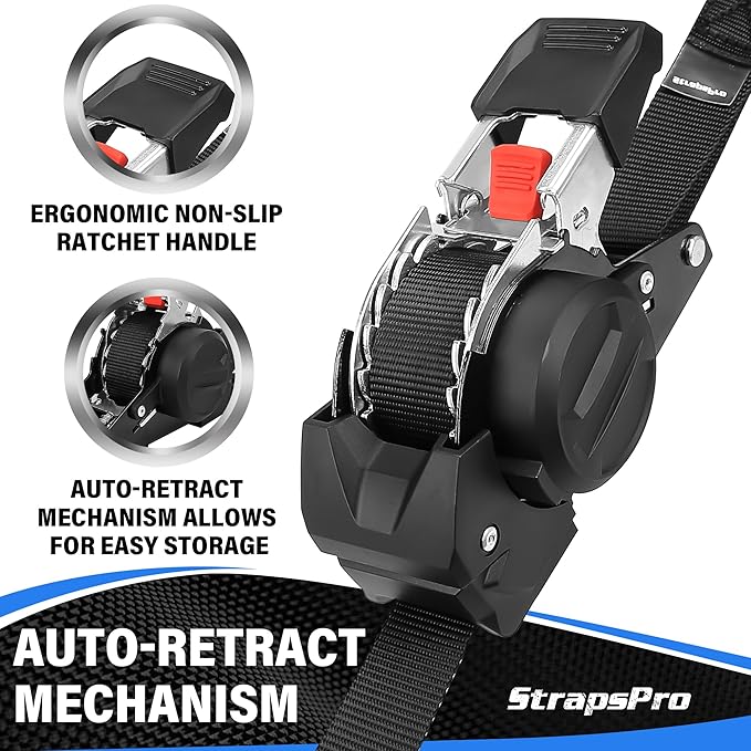 Retractable Ratchet Straps, 1763lb Break Strength Heavy Duty Auto Self Retracting Ratchet Strap with Soft Loops, 1 Inch x 10 Feet Tie Down Straps Easy Retract for Motorcycle Truck Securing Cargo, 4PK