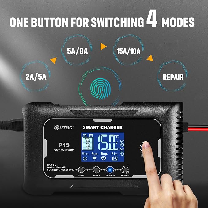 Battery Charger, Smart 0-15A 12V/24V Trickle Charger, Portable Car Battery Charger with 9 Stages of Charging for LiFePO4, Lead Acid, and Lithium Batteries, with Battery Repair Function