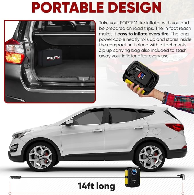 FORTEM Tire Inflator Portable Air Compressor (Yellow) + Trunk Organizer