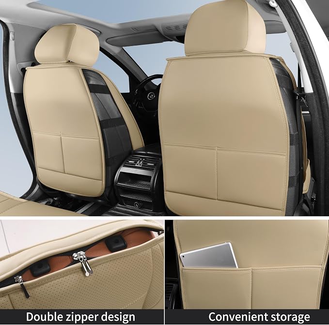 HChengkikz Nappa Leather Car Seat Covers Full Set, Beige Car seat Protector 5 Seats, Waterproof Car Seat Cushion, Universal Automotive Seat Covers Fit for SUV Truck Pick-up Sedan, Front and Rear