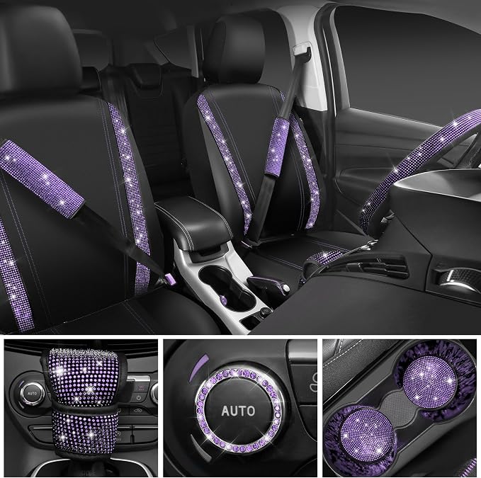 CAR PASS Diamond Bling Leather Seat Covers Set Car Floor Mats Glitter Rhinestone Steering Wheel and Car Interior Accessory Set for Women Purple Violet