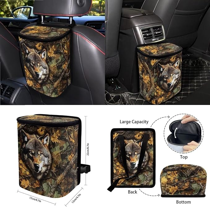 Wolf Hunting Camo Print 15 Pieces Car Accessories, Car Seat Cover Steering Wheel Cushion, Seat Belt Pad Trash Can Air Vent Storage Bag Cup Coasters Rearview Mirror Cover Keychain