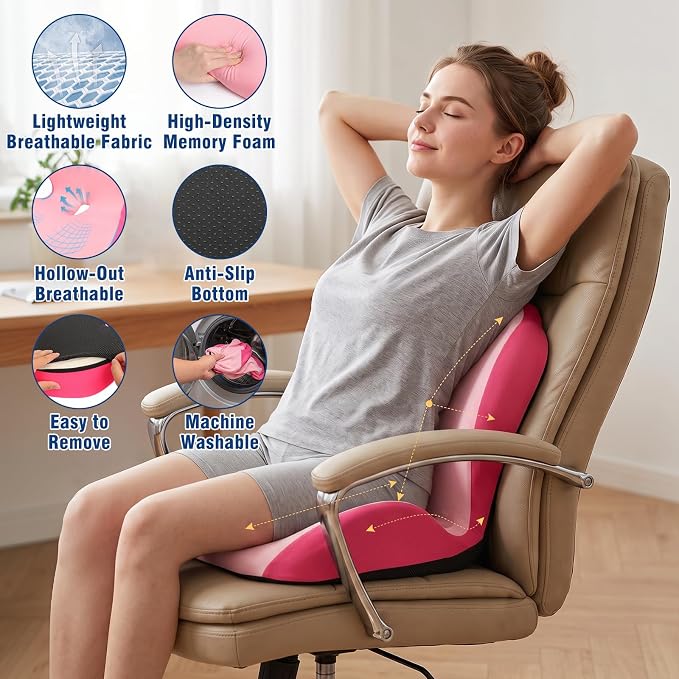 Car Seat Cushion with Lumbar Support Pillow, Memory Foam Office Chair Cushion for Back Pain Sciatica Pain Relief, Ergonomic L-Shaped Seat Cushion for Car Truck Driving Office Chair Home (Pink)