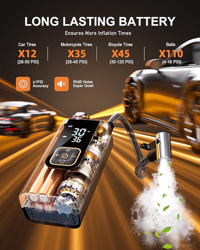 180PSI Tire Inflator Portable Air Compressor, 6X Faster Air Pump for Car Tires with Digital Pressure Gauge, 12V DC Adapter, LED Light, Portable Tire Inflator for Car, Motorcycle, Bike, Balls