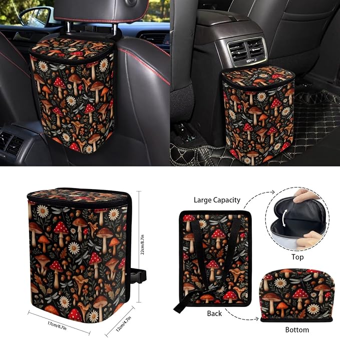 Red Mushroom 15Pcs Car Seat Cover Full Set Car Steering Wheel Cover Seat Belt Cover Trash Bin Front Rear View Mirror Car Cup Holder Keychain
