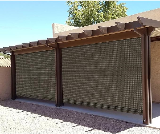 E&K Sunrise 6'W x 14'H Roll Up Shade Outdoor Hollow Out Roller Blind Sun Shade for Patio Porch Backyard Gazebo Deck Pergola (Brown)