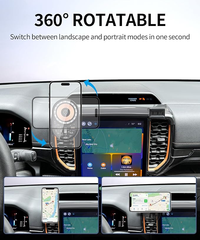 Wireless Charging Car Phone Holder for Ford Ranger 2024-2025, 12" Screen Fixed Clip, 360° Rotation Car Phone Mount Compatible with MagSafe