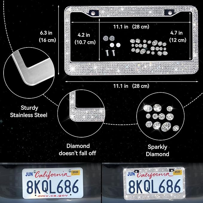 CAR PASS 30 PCS Bling Car Accessories Set for Women, Bling Steering Wheel Covers 15 Inch, Shining Rhinestone License Plate Frame, Sparkly Diamond Phone Holder, Car Mats Full Set, Silver