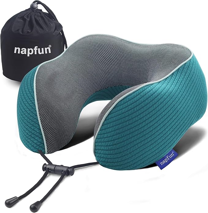 napfun Neck Pillow for Traveling, Upgraded Travel Neck Pillow for Airplane 100% Pure Memory Foam Travel Pillow for Flight Headrest Sleep, Portable Plane Accessories, Teal