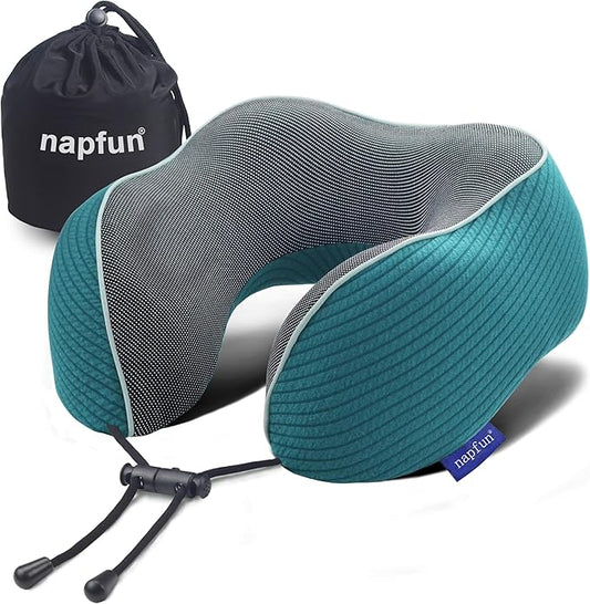napfun Neck Pillow for Traveling, Upgraded Travel Neck Pillow for Airplane 100% Pure Memory Foam Travel Pillow for Flight Headrest Sleep, Portable Plane Accessories, Teal