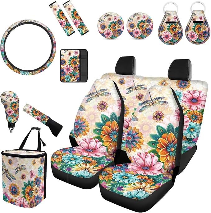 Forchrinse Dragonfly Blossom Car Seat Cover Full Set for Women Hippie Steering Wheel Cover Armrest Shoulder Pads Handbrake Gear Cover Garbage Can,Universal 15pcs Auto Interior Accessories Protector