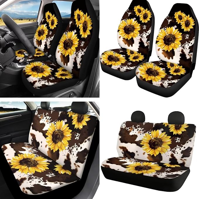 Howilath Cows Sunflowers Print Car Seat Cushion Cover with Steering Wheel Protector/Seat Belt Shoulder Pads/Keychains/Coasters Universal Fit Interior Accessories Fit Most Vehicle - 13 Piece