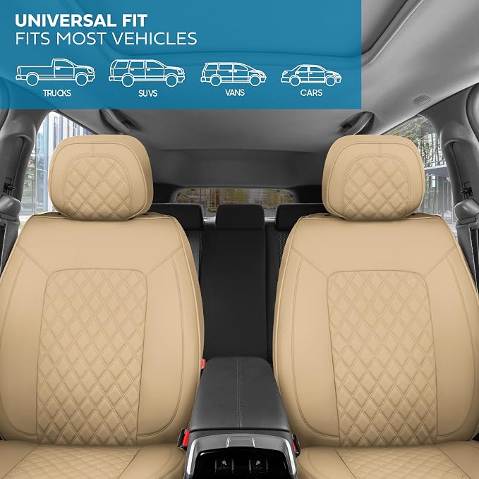 MotorBox Prestige Edition Faux Leather Seat Covers for Cars, Trucks, & SUV – 2 Beige Car Seat Covers for Front Seats - Universal Fit Car Accessories Automotive Interior Protector for Most Vehicles