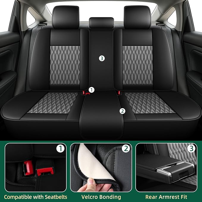 Seat Covers Fit for Ford Fusion 2010-2020 - Full Set 5 Seats - Faux Leather Lumbar Support Seat Cover Waterproof Seat Protector (Black&Grey)