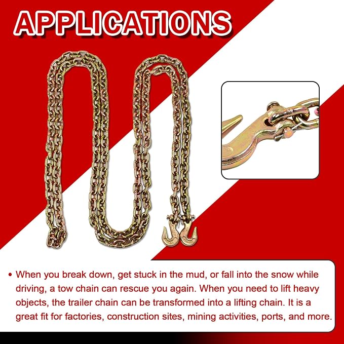 Heavy Duty G80 Transport Binder Chain 3/8'' Inch x 20 Feet,Tow Chain with G70 Clevis Grab Hooks,7100 lbs Safe Working Load Logging Chain for Transporting, Towing(3/8'' x 20FT Yellow).