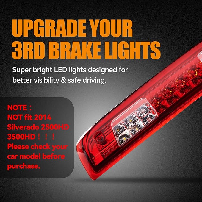 Third 3rd Brake Light LED for 2014-2018 Chevy Silverado/GMC Sierra 1500 2500HD 3500HD, High Mount Rear Brake Lights Assembly, Waterproof Center Cab Cargo Lamp Stop Light (RED)