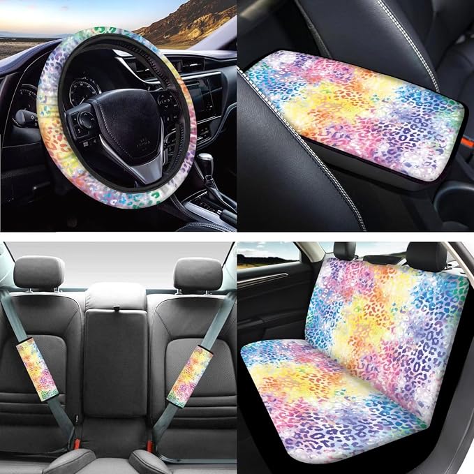 Mumeson Tie Dye Leopard 8 Pack Auto Accessories Set Music Note Car Seat Covers Full Set with Seat Belt Pads Shoulder Cushion + Steering Wheel Cover + Armrest Cushion