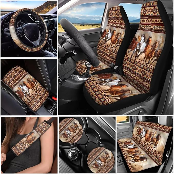 Tribal Horse Automobile Seat Cover Sets 13 Pack with Car Steering Wheel Cover Arm Rest Cover Keychain Holder Protector Seat Belt Pads Suitable for Most Cars,SUV