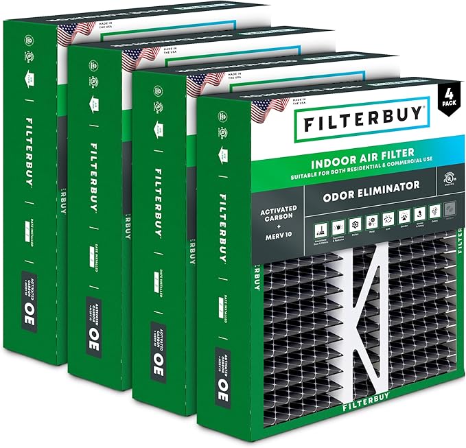 Filterbuy 20x20x5 Air Filter MERV 10 Odor & Allergy Defense with Activated Carbon (4-Pack), Pleated HVAC AC Furnace Filters for Honeywell, Lennox X0585, and More (Actual Size: 19.63 x 19.88 x 4.38)