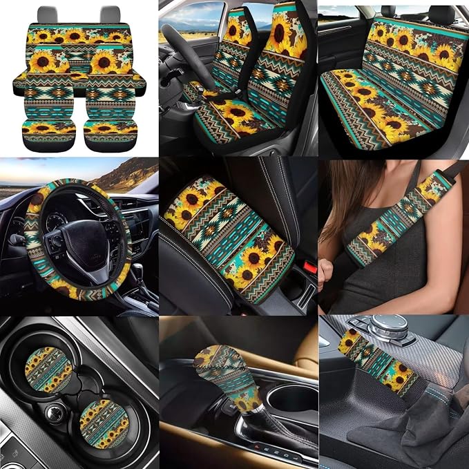 Dreaweet Sunflower Aztec Seat Covers for Cars,Green Car Seat Covers Full Set with Steering Wheel Cover/Armrest Cover/Seatbelt Covers/Car Coasters/Gear Shift Cover/Handbrake Cover,12 Pcs Set