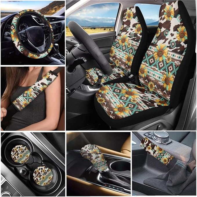 Tupalatus Aztec Auto Accessories Decor Set of 9 Car Seat Covers Hand Brake Cover,Gear Shift Knob Cover,Seat Belt Pads,Coaster,Steering Wheel Cover Universal Fit for Car Truck SUV