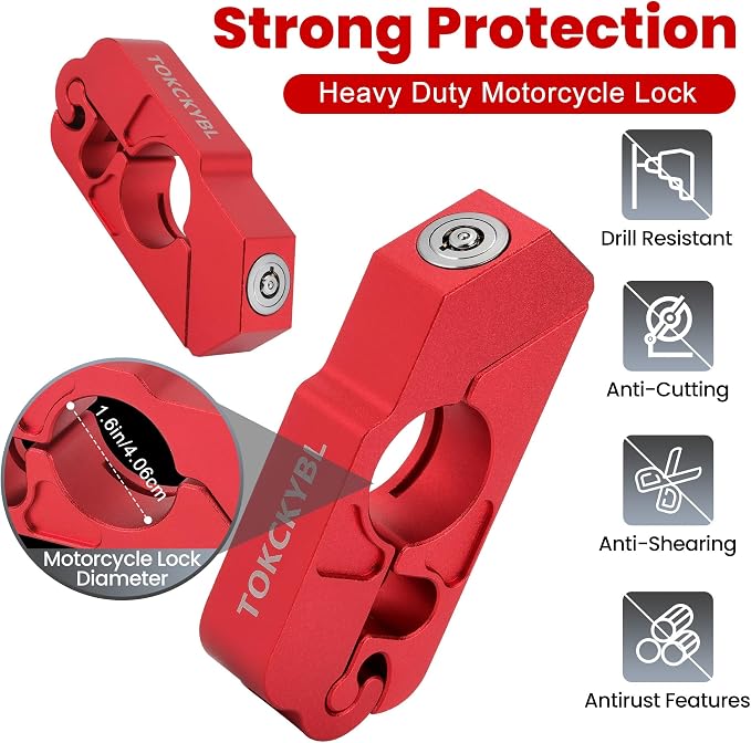 Motorcycle Lock, Heavy Duty Anti Theft Helmet, Brake and Handlebar Lock, Universal for Motorcycles, ATVs, Dirt Bikes, Mopeds, Scooters, Red