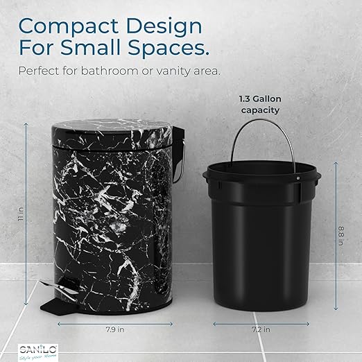 Sanilo Small Bathroom Trash Can with Lid [1.3 Gallon] - Lidded Tiny Trashcan for Garbage - Mini Metal Bin with Soft Closing Mechanism - Bath Room Accessoire Wastebin with Inner Bucket (Marble Black)