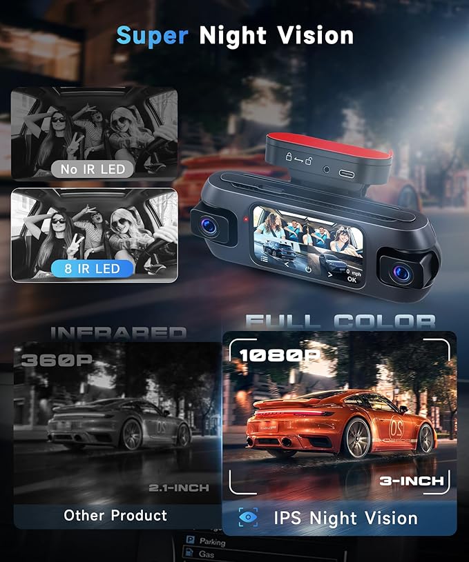 4K Dash Cam 4 Channel 360° Front and Rear Inside Left Right, 3 Inch Dash Camera Support WiFi GPS Night Vision Sensitive Motion Detection 24/7 Recording Parking Mode Monitor Reversing Help