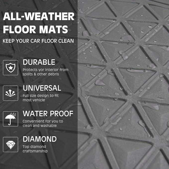 CAR PASS Bling Diamond Car Mats Gray Rubber Floor Mats Full Set Anti-Slip 3D Rhombus Waterproof Trim to Fit Liner Universal Glitter Crystal Sparkly Shining Rhinestone Girl Women SUV Sedan Van All Gray