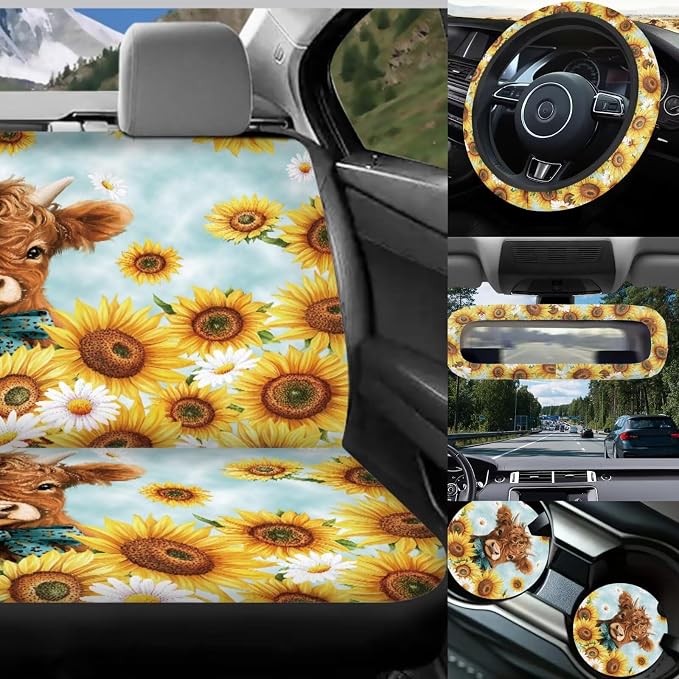 Highland Cow Car Seat Covers Full Set with Head Rest Covers,Universal Sunflower Car Accessories for Women Cute Automotive Interior Sets with Backseat Trash Can,Steering Wheel Cover
