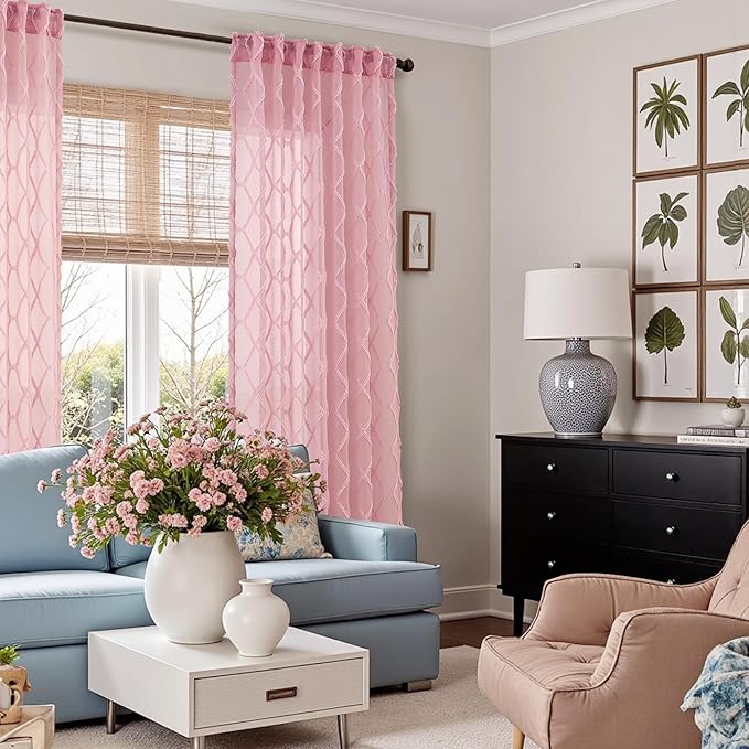 Extra Long Pink Sheer Curtains 120 Inches for Nursery Girls Bedroom 2 Panels Light Filtering Semi-Sheer Curtain for Kids Protect Privacy Home Decor Rod Pocket Geometric Pattern Pom Pom Drapes 52x120