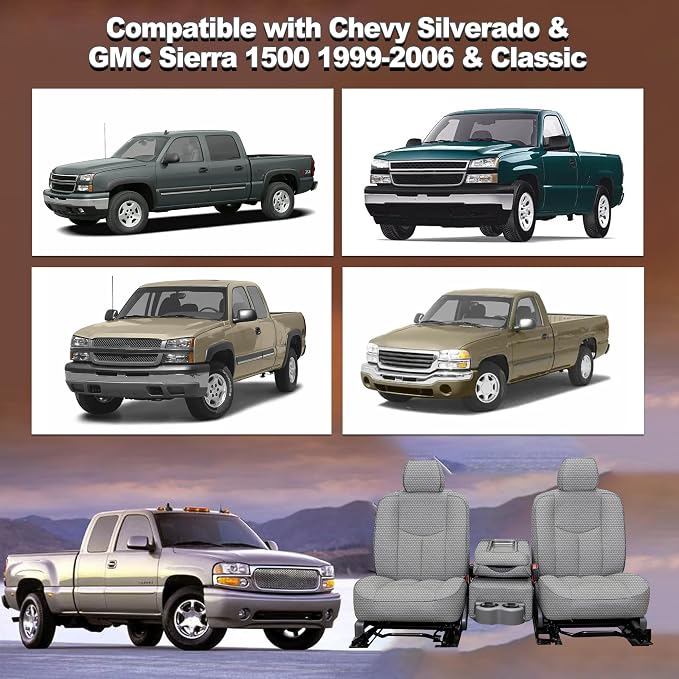 Seat Covers for Chevy Silverado & GMC Sierra 1500 1999 2000 2001 2002 2003 2004 2005 2006 Heavy Duty Cloth Protector Interior Accessories，Waterproof & Machine Washable-Gray (Front)