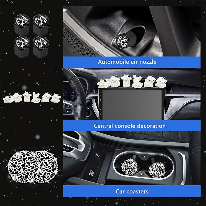 29 PCS Cow Pattern Car Accessories,Including Dashboard Decoration,Rearview Mirror Decoration,Etc,Suitable for Sedans,SUVS and Other Models,Cute Car Interior Sets Suitable for Women (Black)