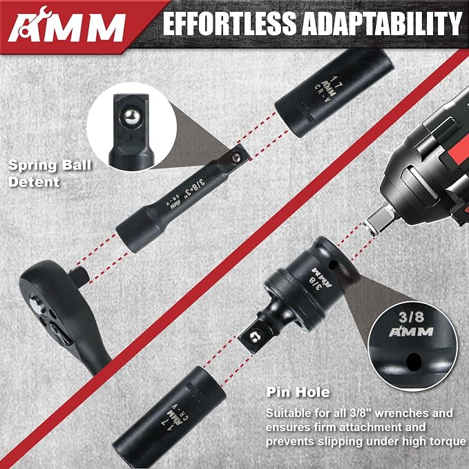AMM 123Pcs Impact socket set，1/4”3/8”Drive Deep&Shallow Socket wrench set，6 Point Metric&Standard Full 5/32"-3/4"，4-22mm with Spark plug sockets，72T Ratchet handle，Screwdrivers，for Automotive&Home